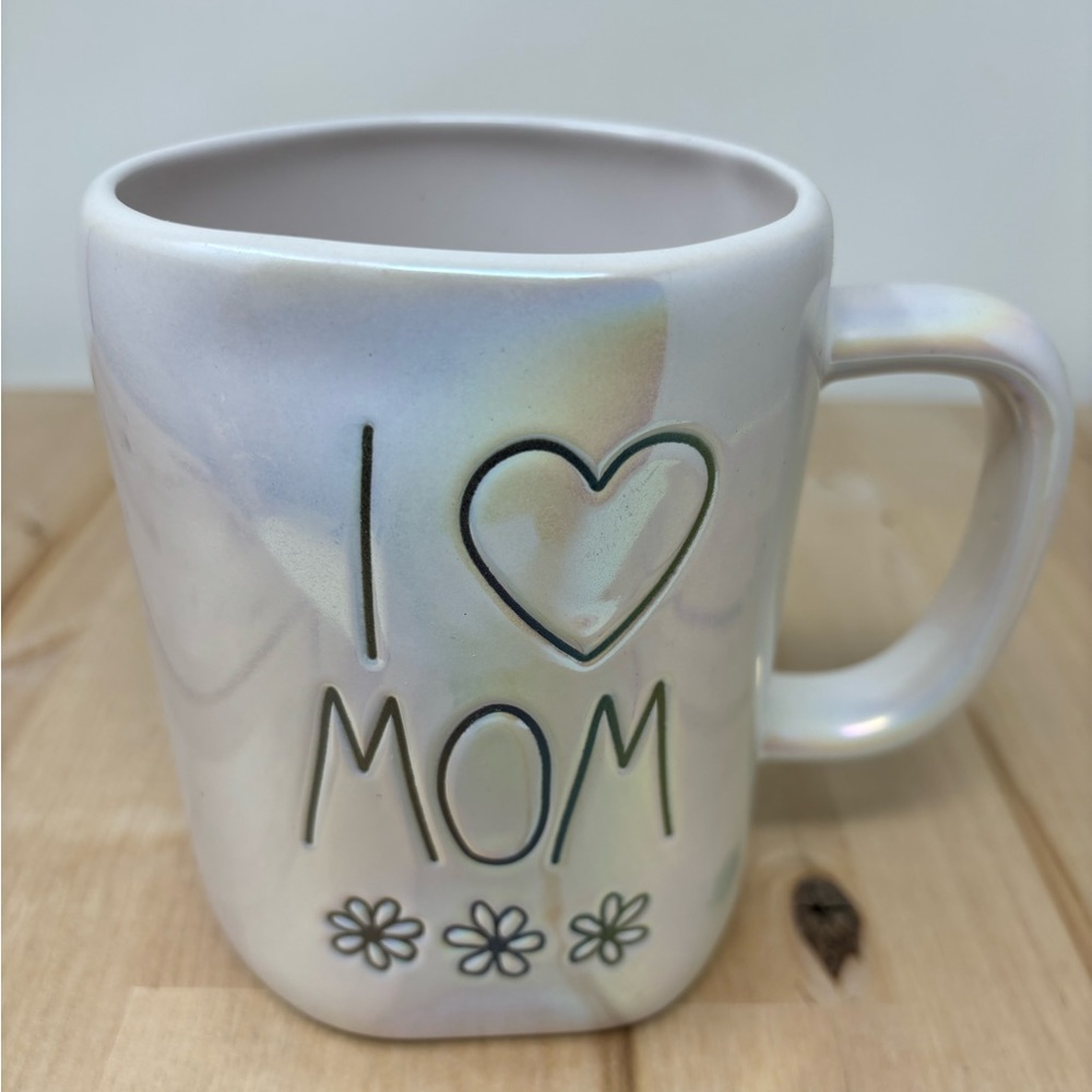 Rae Dunn I LOVE MOM Mug Iridescent White Ceramic with Black Lettering New